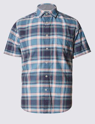 Pure Cotton Short Sleeve Large Checked Oxford Shirt